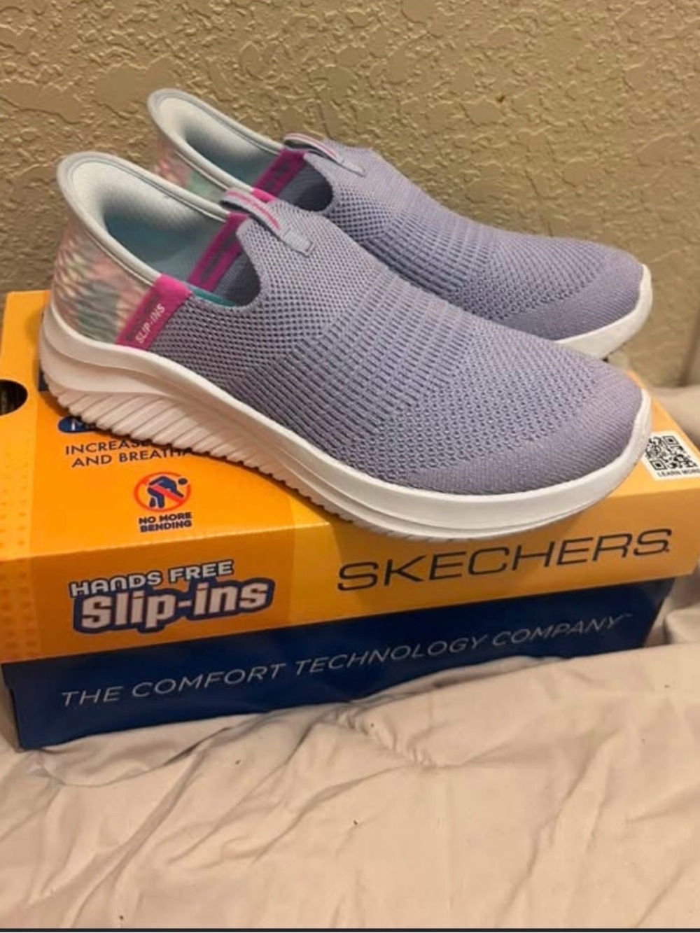 Skechers girls Lavender Knit Slip-On Sneakers with Pink Accent
